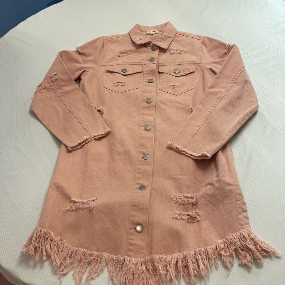 BiBi Pale Pink Destroyed Distressed Hippie Boho Chic Denim Jacket Size Small